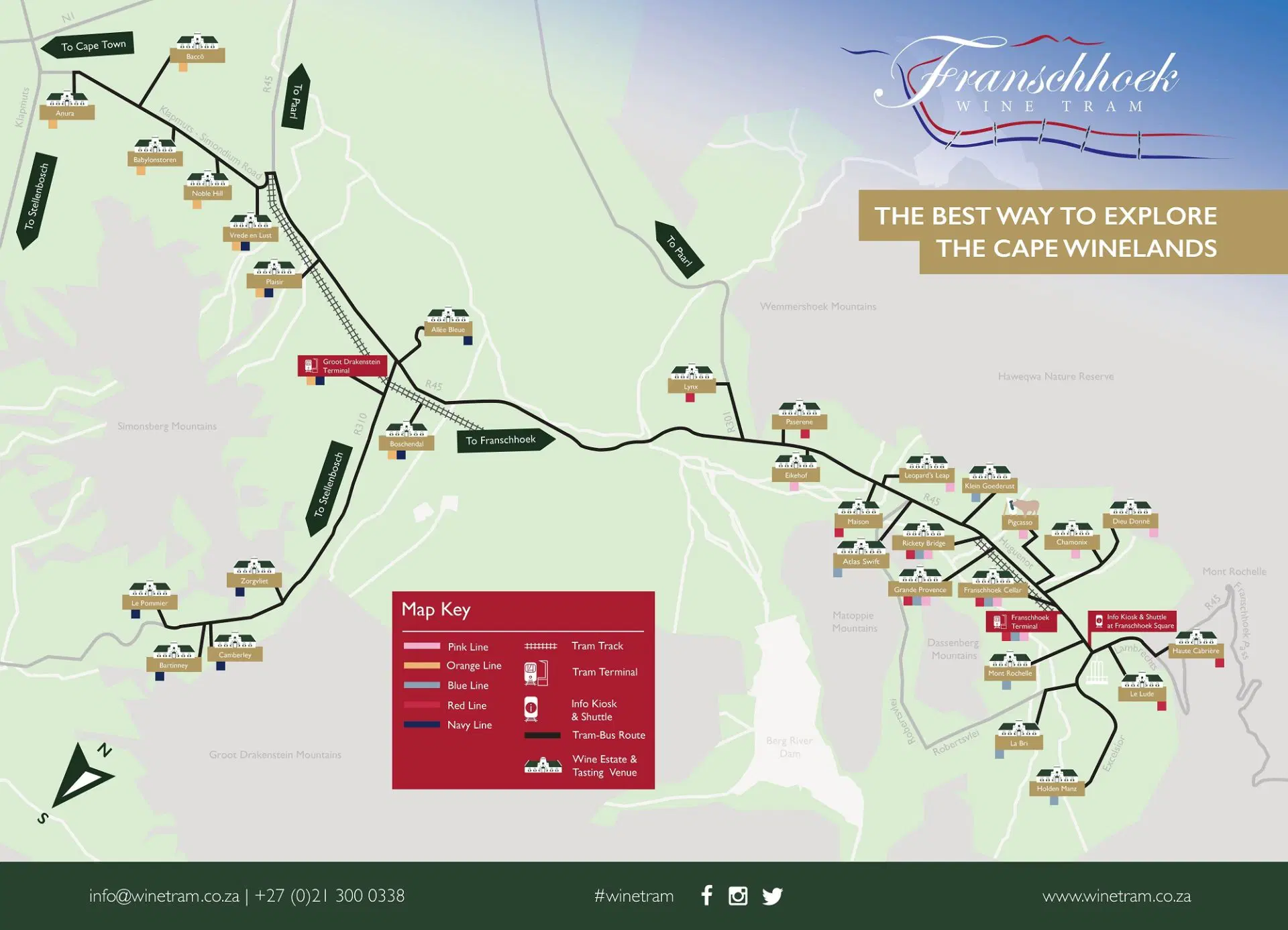 mapa del tranvía de la ruta del vino en Sudáfrica