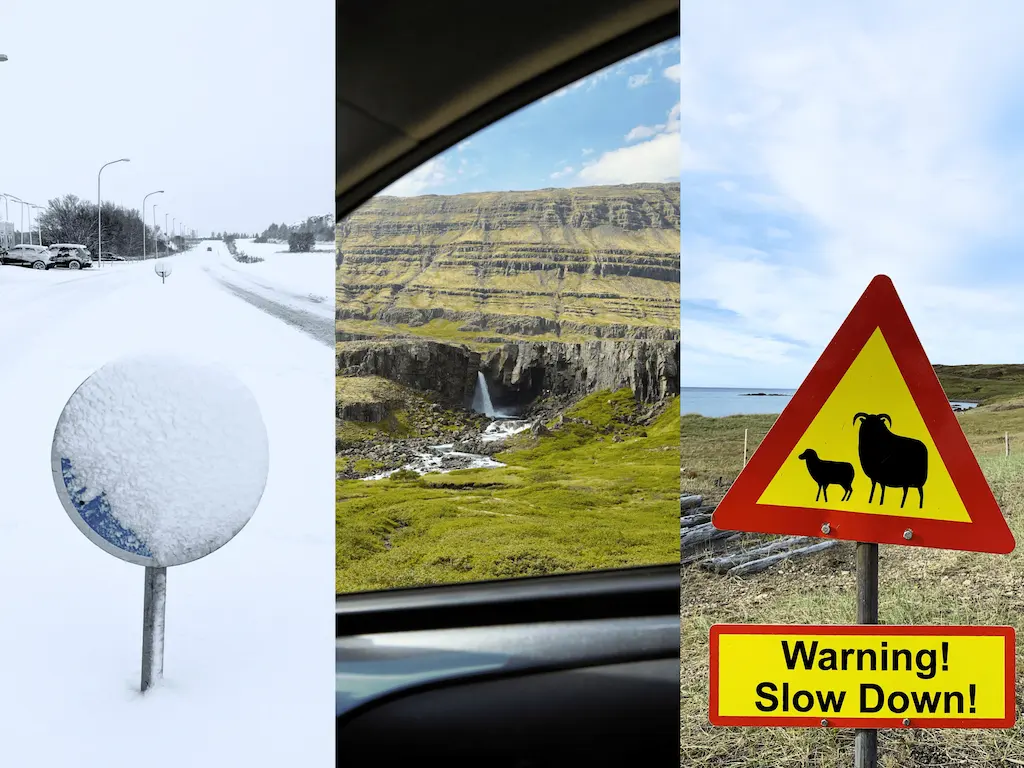 collage de tres imágenes conducir en Islandia