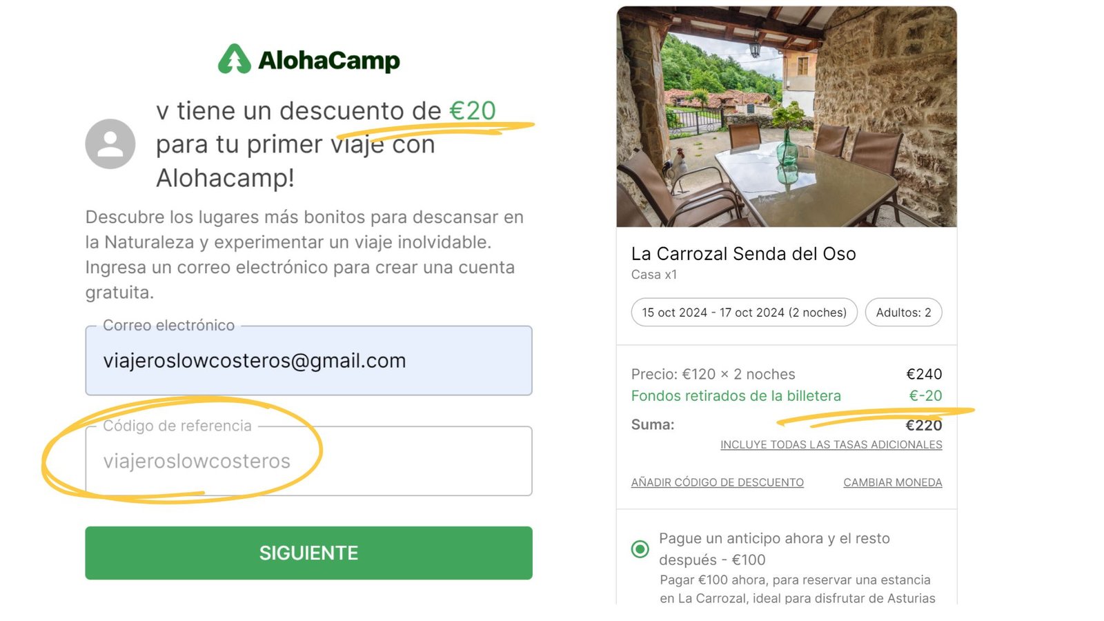 A la izquierda el registro, a la derecha el descuento AlohaCamp aplicado