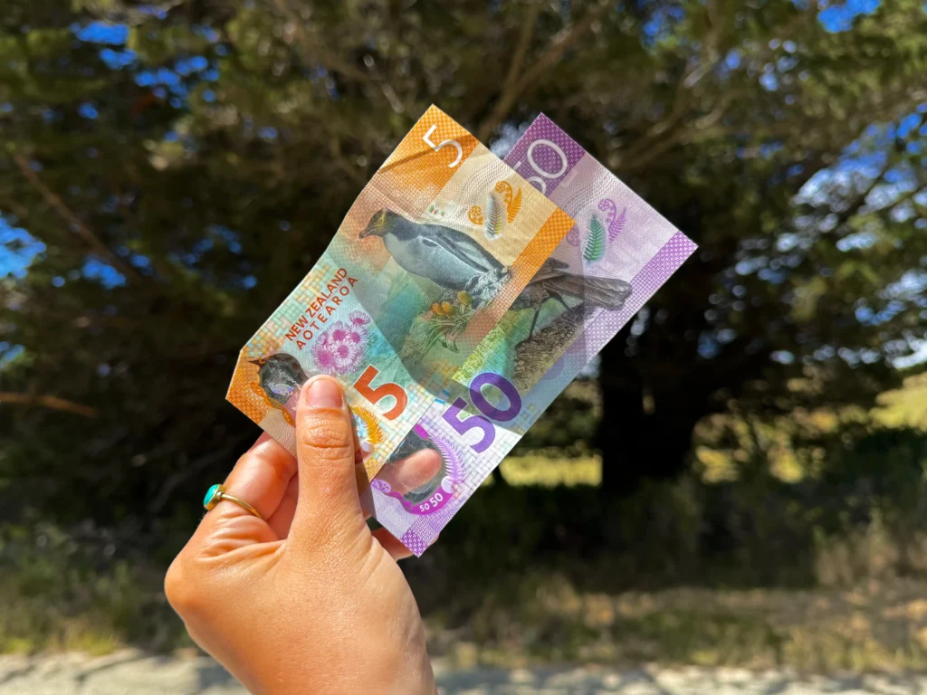 dólares neozelandeses con la imagen de un pingüino en el billete de 5