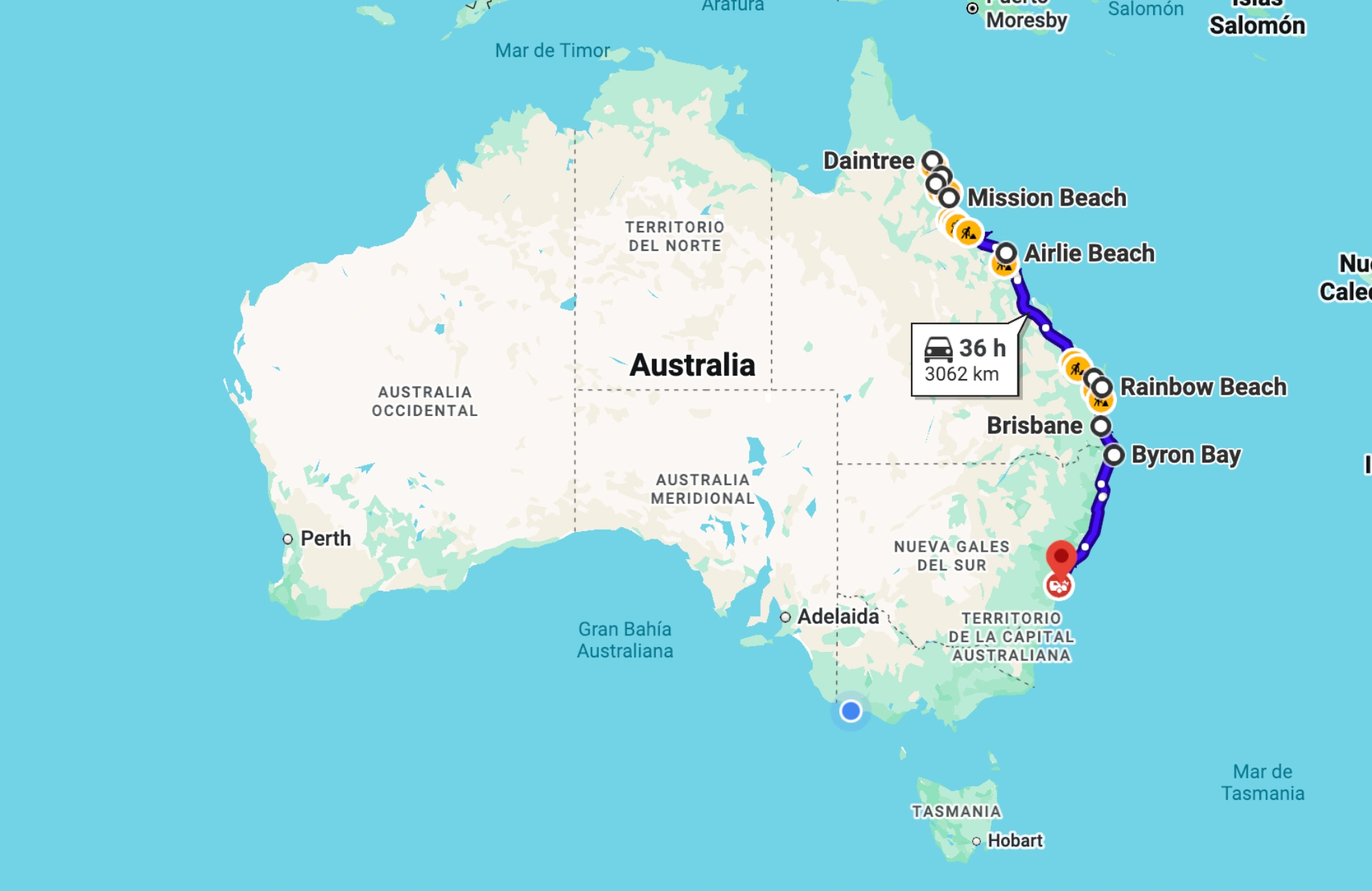 costa-este-itinerario-australia mapa con la ruta de Cairns hasta Brisbane