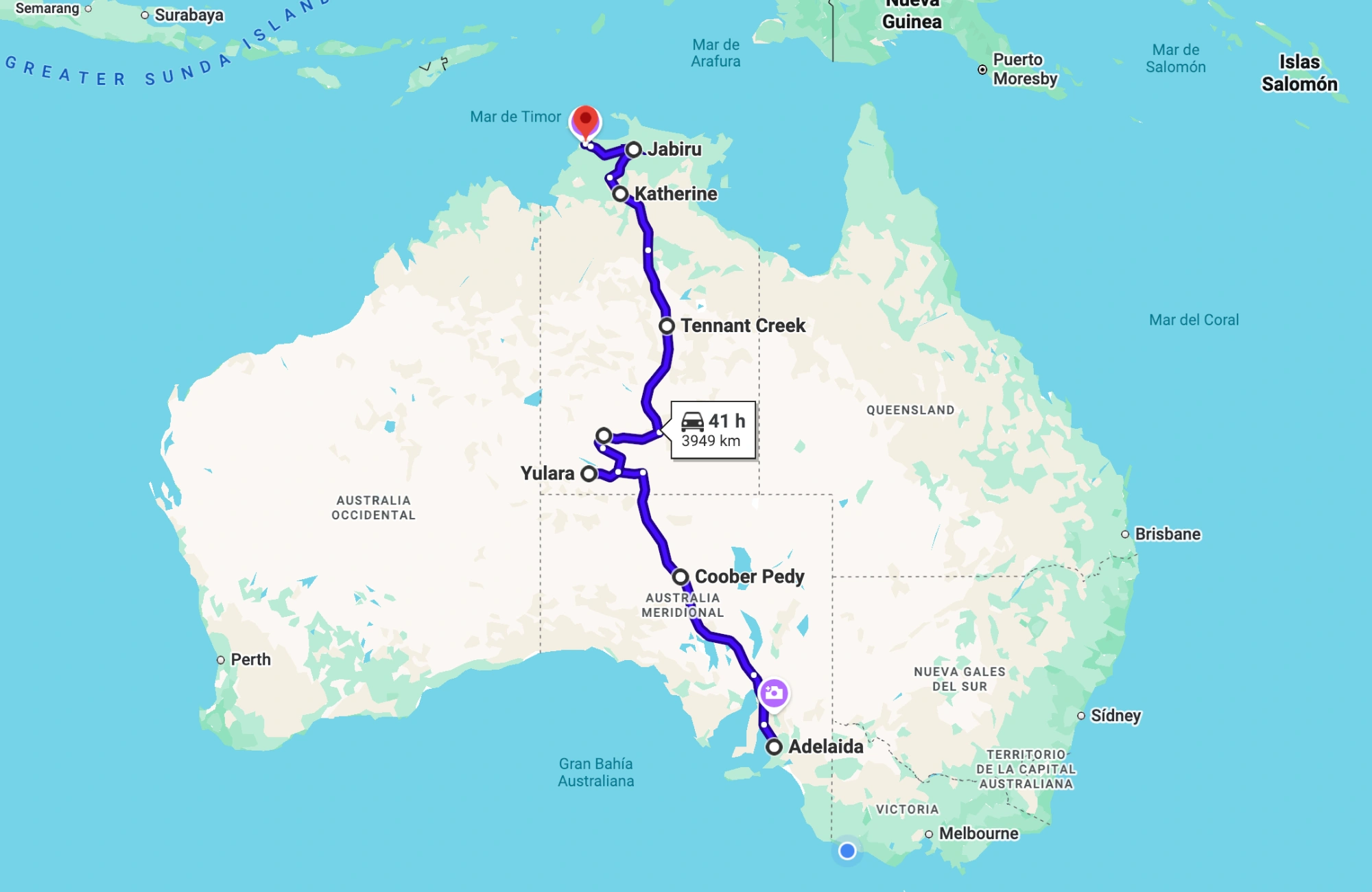 itinerario-red-cernter-australia mapa con la ruta del Red Center y Top End de Australia