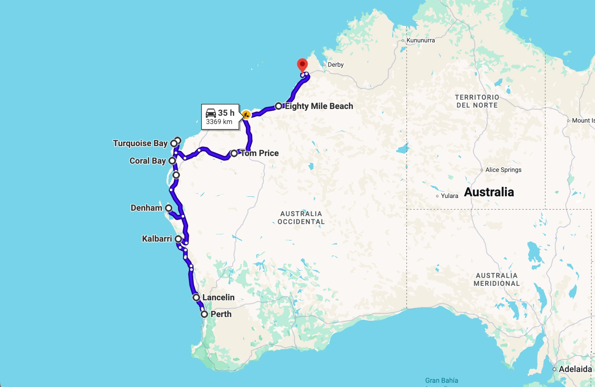 itinerario-west-coast-australia mapa con el itinerario de Perth hasta Broome