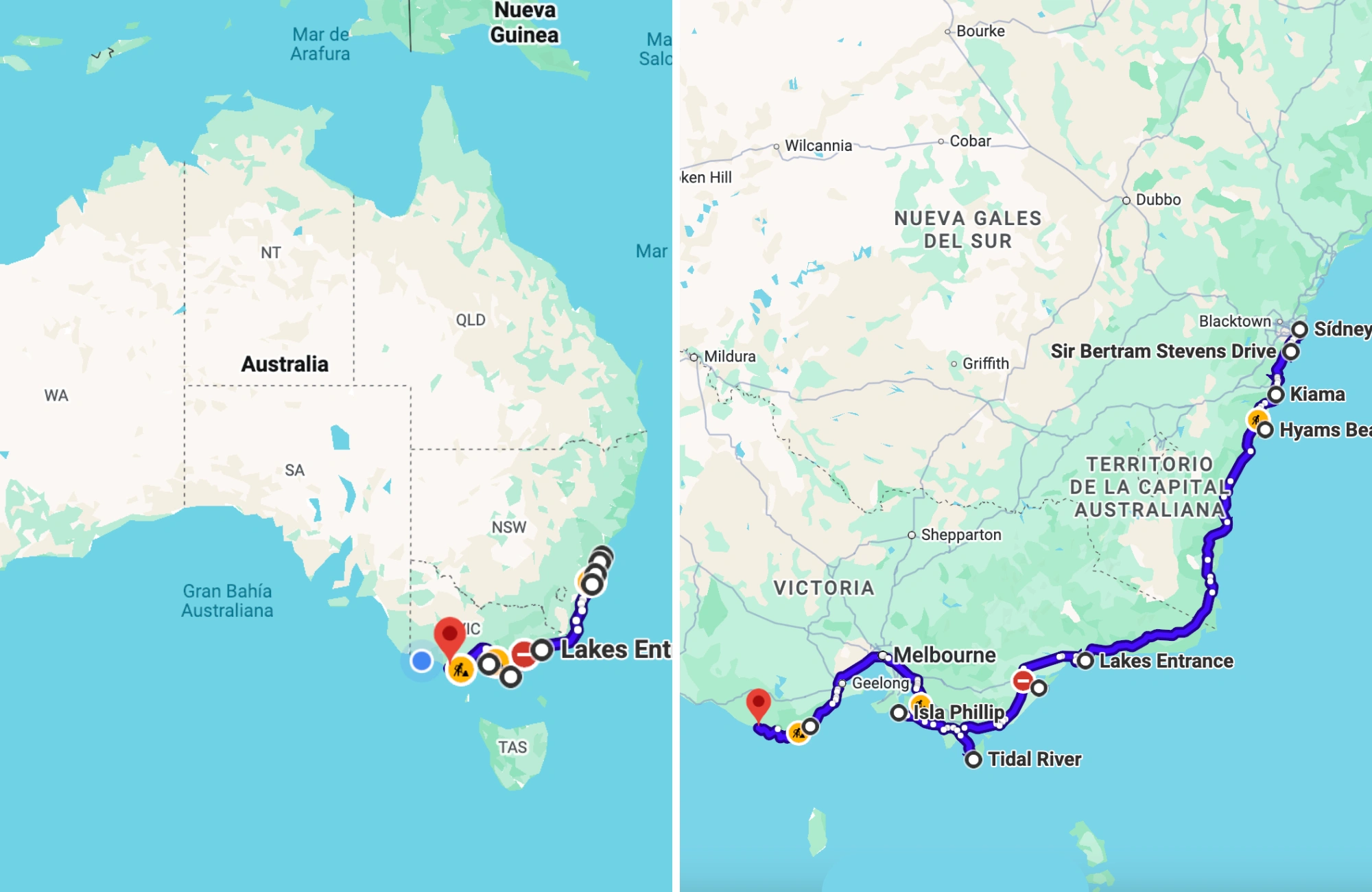 roadtrip-sidney-melborune mapa con la ruta de Sidney a Melborune