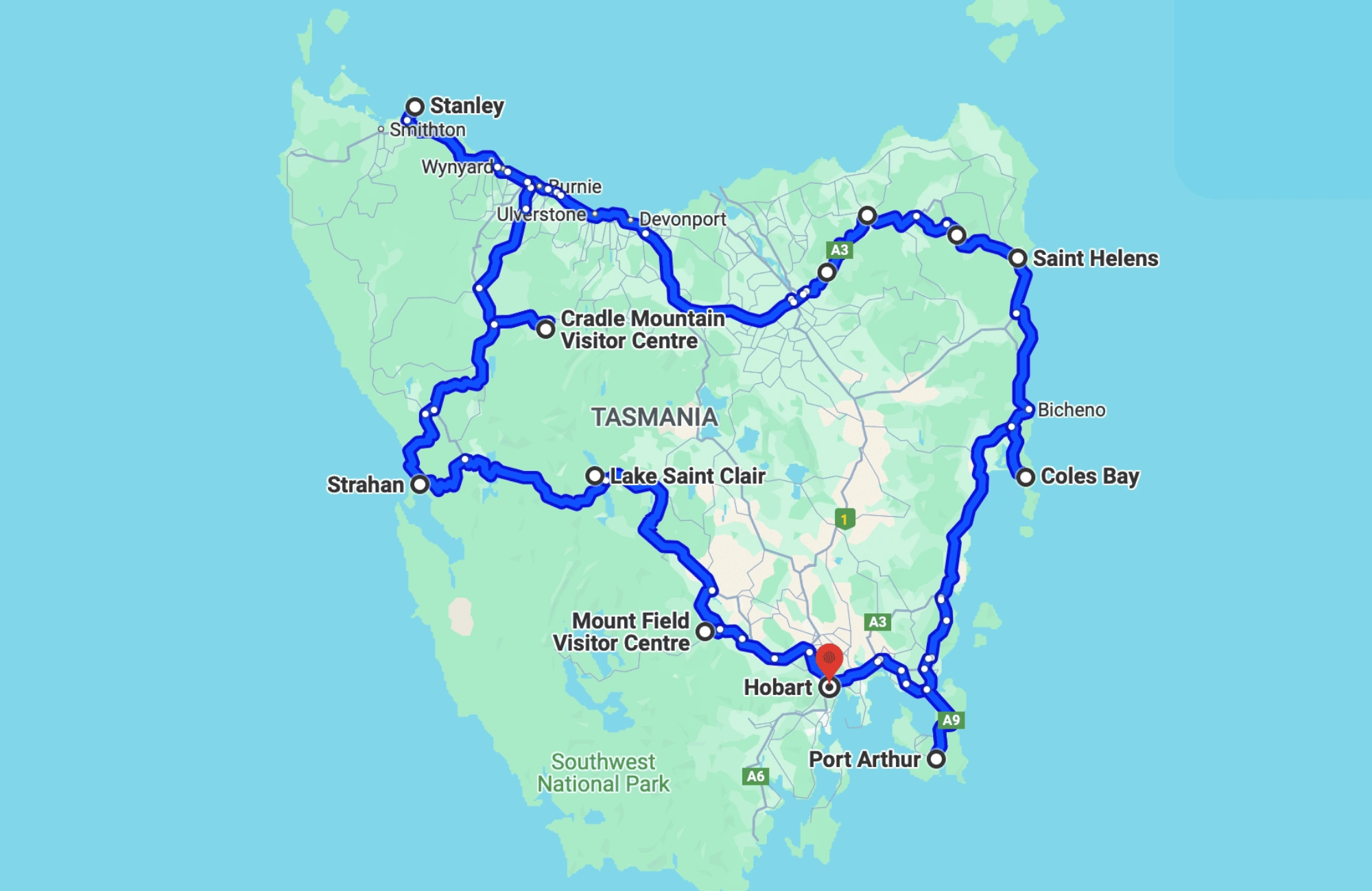 tasmania-itinerario mapa con el itinerario que hacer en Tasmania
