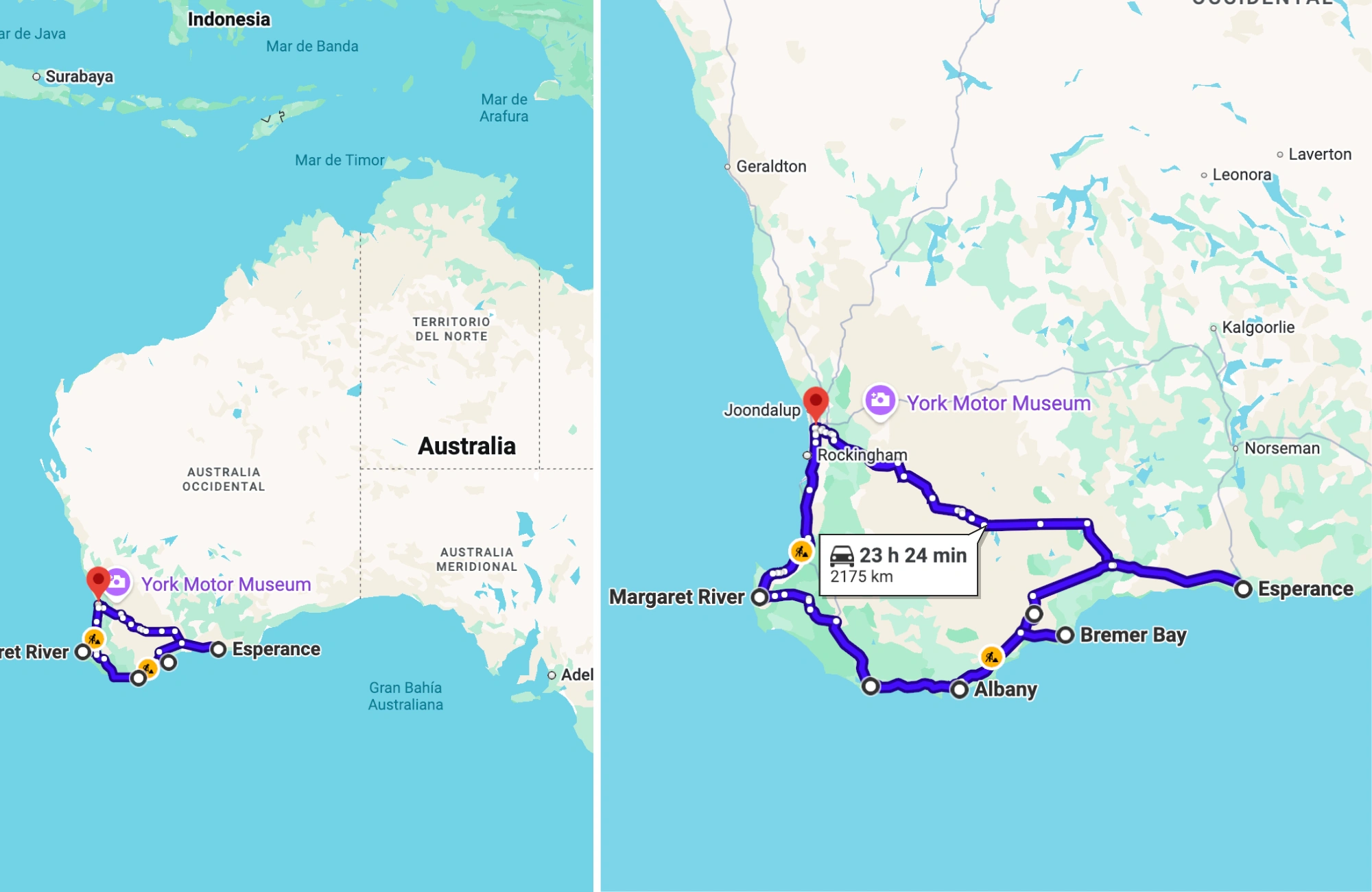 west-coast-perth-itinerary mapa con al ruta de Perth a Esperance