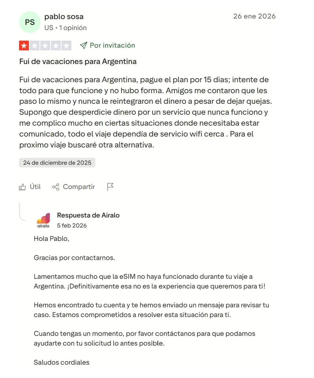 review-negativa-airalo review de Airalo en Trustpilot