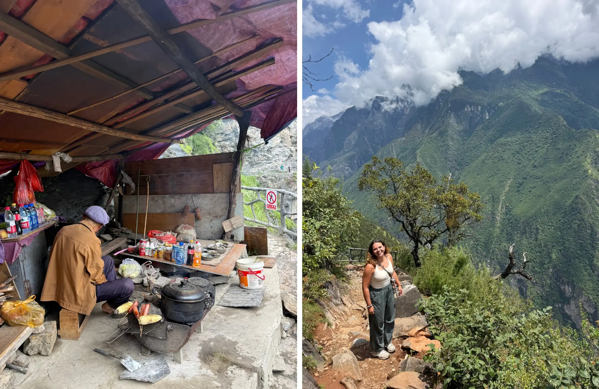 Puesto de avituallamiento en el trekking de la Garganta del Salto del Tigre Puesto de avituallamiento con techo de madera y lona en el sendero del Salto del Tigre, y las montañas de la garganta entre nubes