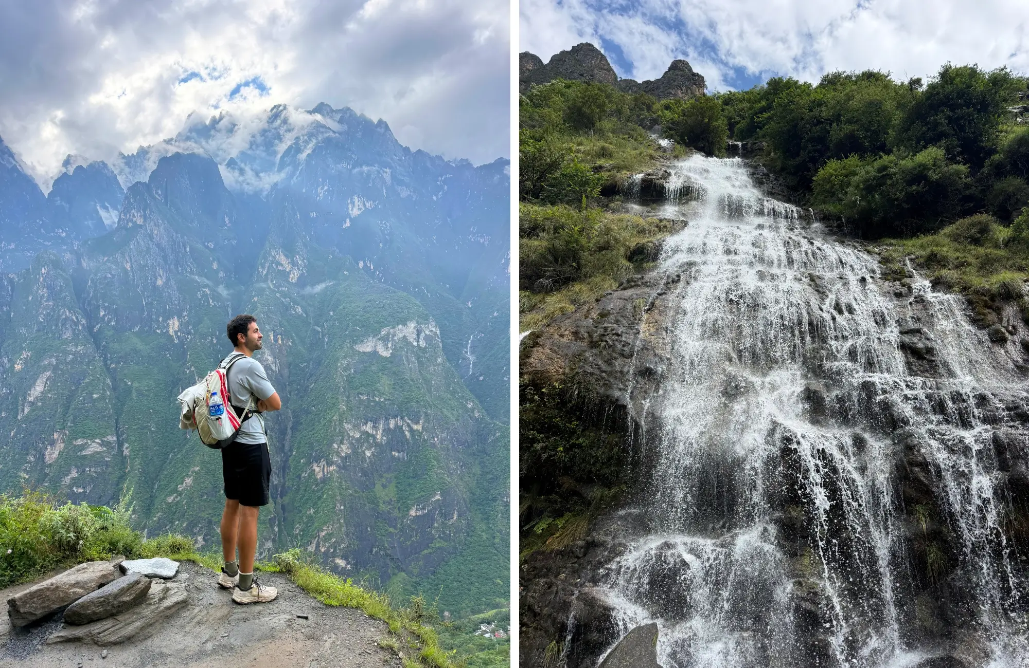 cascada-salto-del-tigre-china Viajero con mochila mirando la Montaña Nevada del Dragón de Jade y cascada que cae junto al sendero del Salto del Tigre
