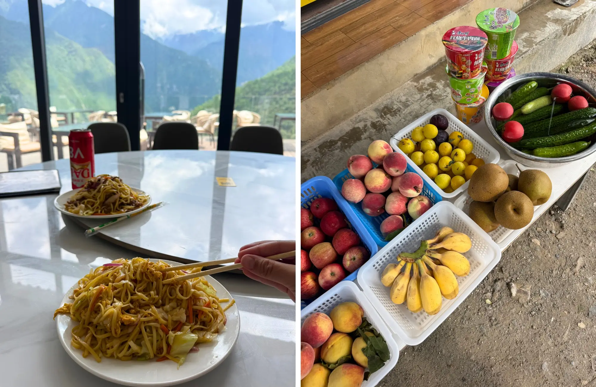 comida-yunnan Platos de fideos fritos en un restaurante con vistas a la garganta y puesto callejero de fruta fresca en Yunnan