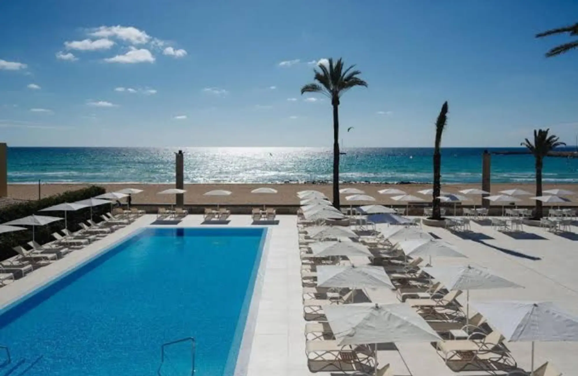 hoteles-mallorca-con-vistas Piscina de un hotel en Mallorca con palmeras, hamacas y el mar al fondo