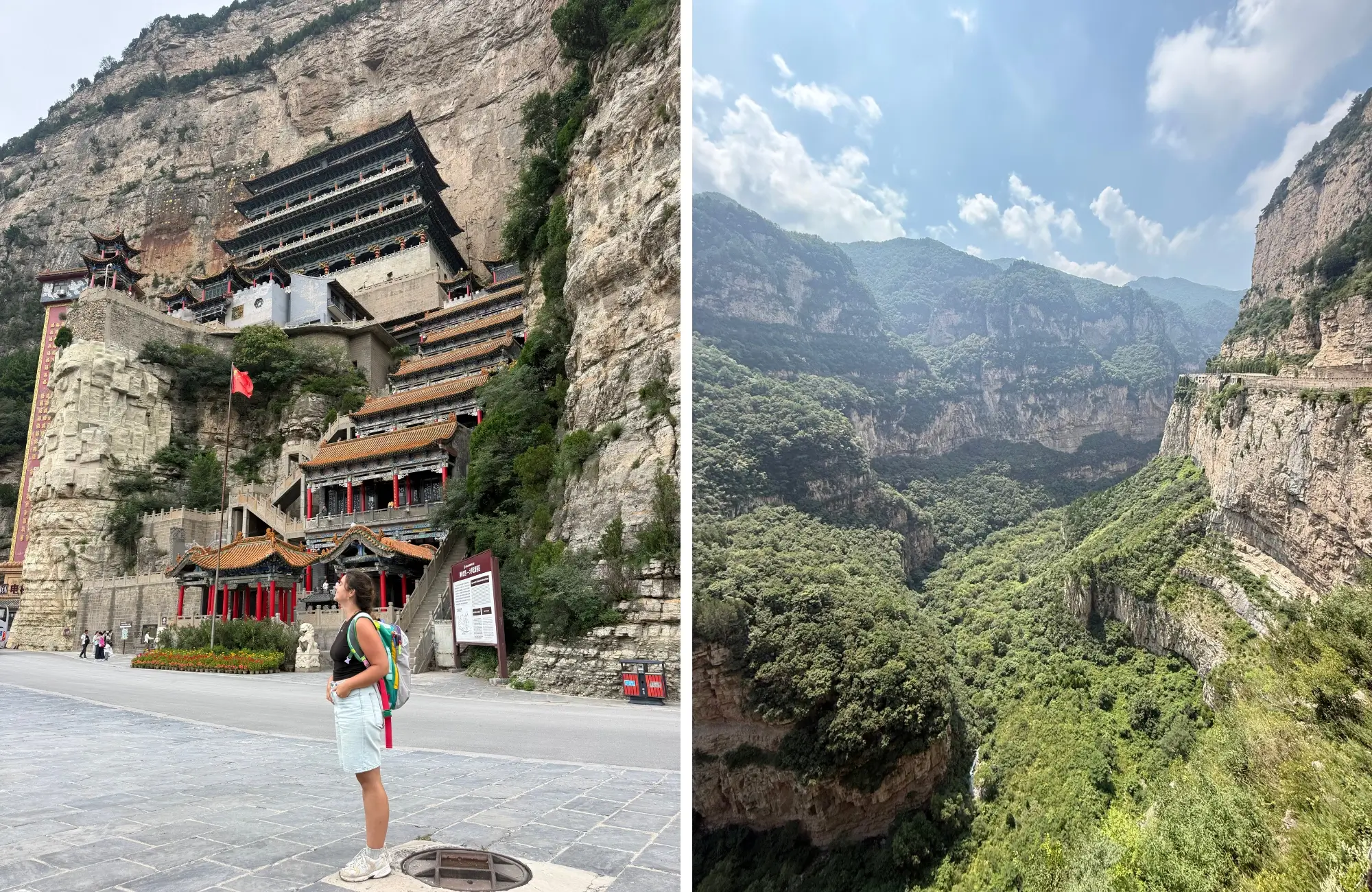 mianshan-daluo-palace Alba frente al palacio Daluo de Mianshan, encajado en la pared de roca, y el cañón con la carretera colgada