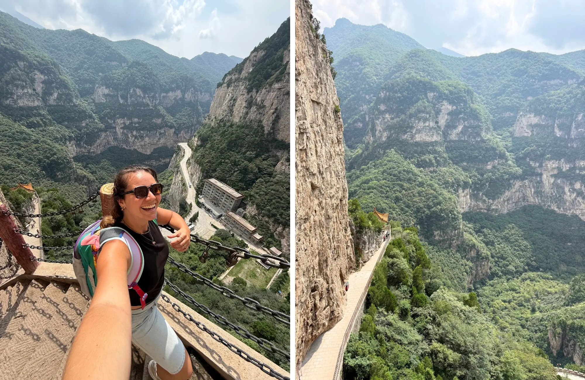 mianshan-pasarelas-colgantes-sobre-el-canon Alba en una pasarela con cadenas de Mianshan y el sendero colgado de la pared del cañón