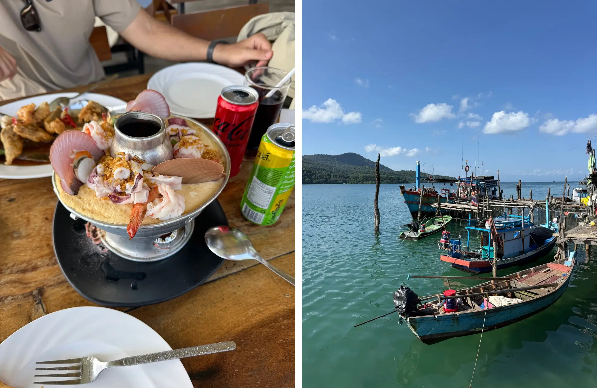 pueblo-pescadores-koh-kood Bandeja de marisco y barcas de pesca en el pueblo pesquero de Koh Kood