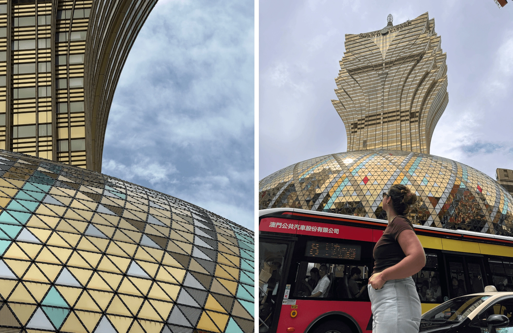 que-ver-en-macao-en-un-dia-arquitectura-grand-lisboa Fachada dorada del Grand Lisboa de Macao y Alba junto a un autobús urbano