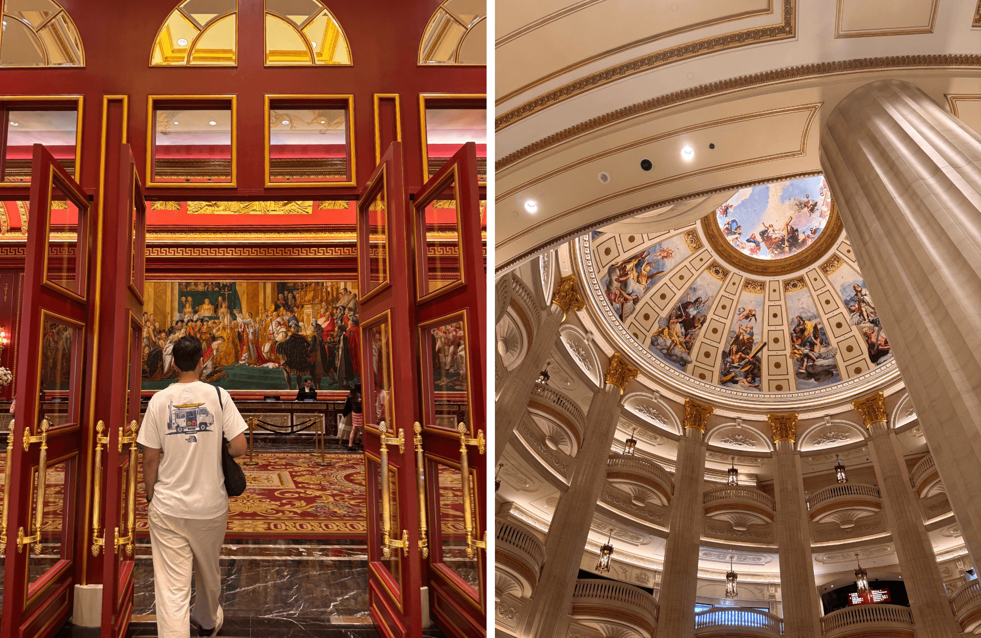 que-ver-en-macao-en-un-dia-casinos-grand-lisboa-venetian Pau entrando en un casino de Macao y cúpula pintada del hotel Venetian