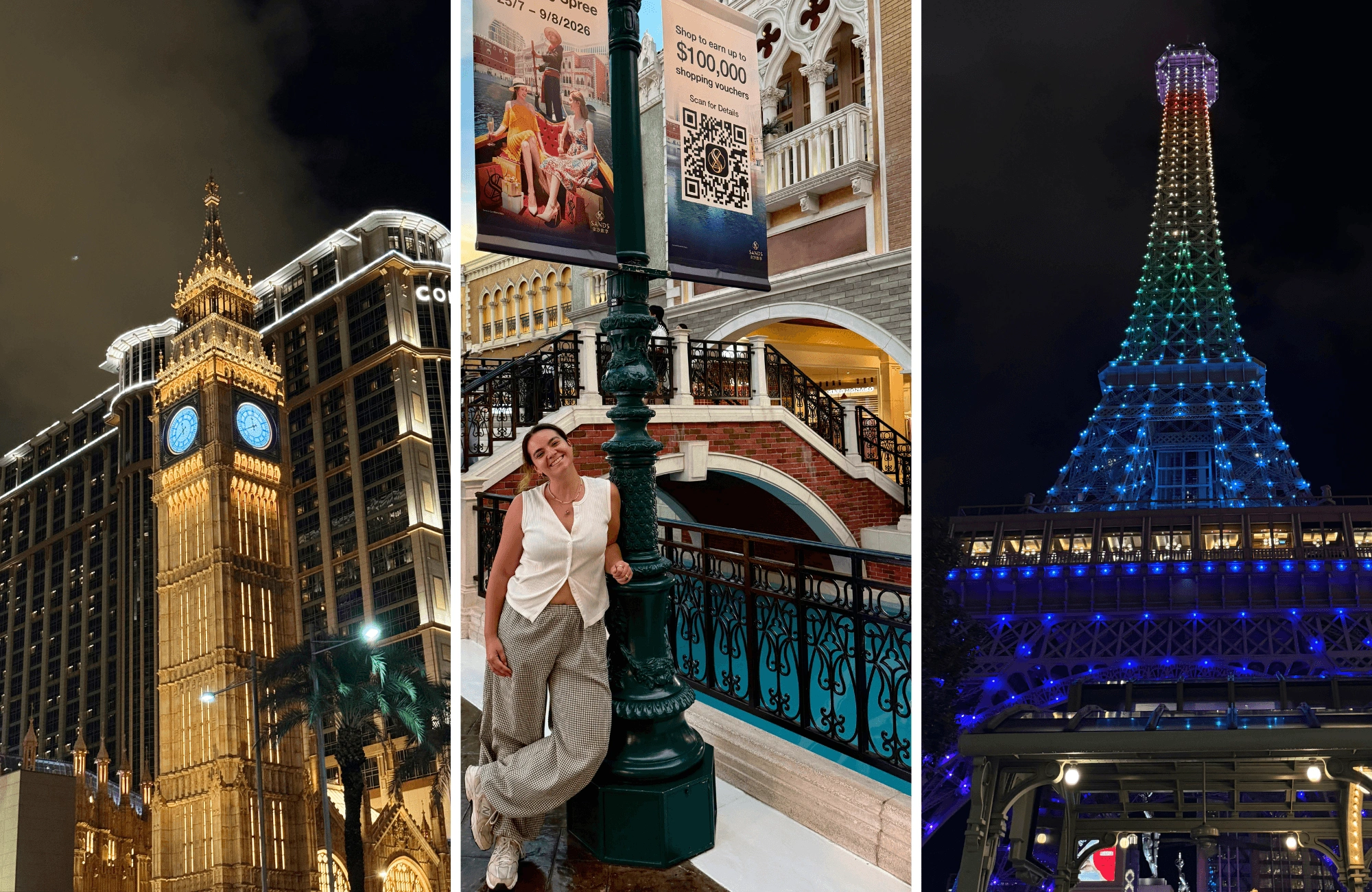 que-ver-en-macao-en-un-dia-macao-de-noche-parisian-venetian Macao de noche: torre del reloj iluminada, canal del Venetian y torre Eiffel del Parisian