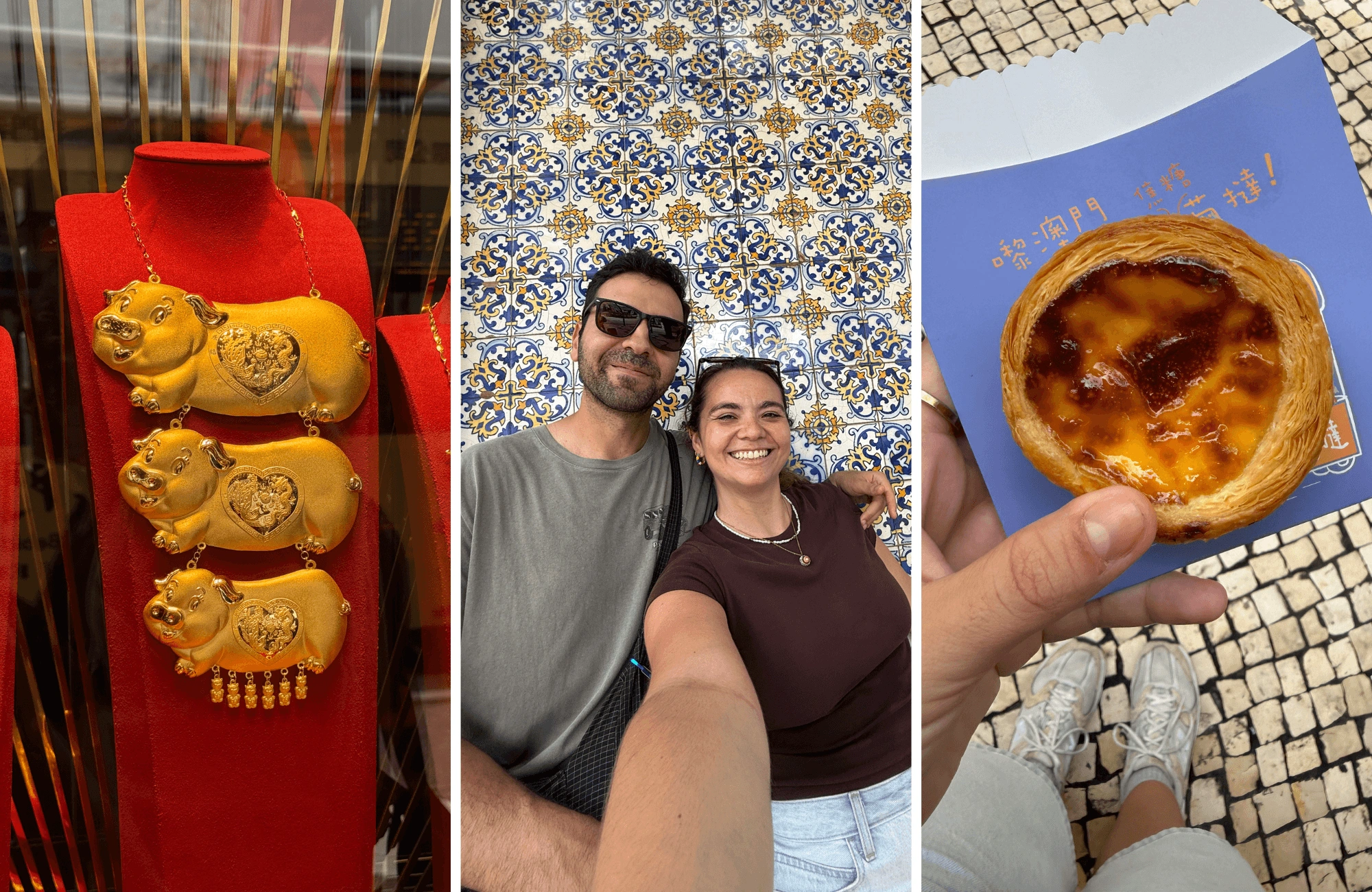 que-ver-en-macao-en-un-dia-tarta-de-nata-azulejos-joyeria Joyería de oro, Pau y Alba ante una pared de azulejos y una tarta de nata en Macao