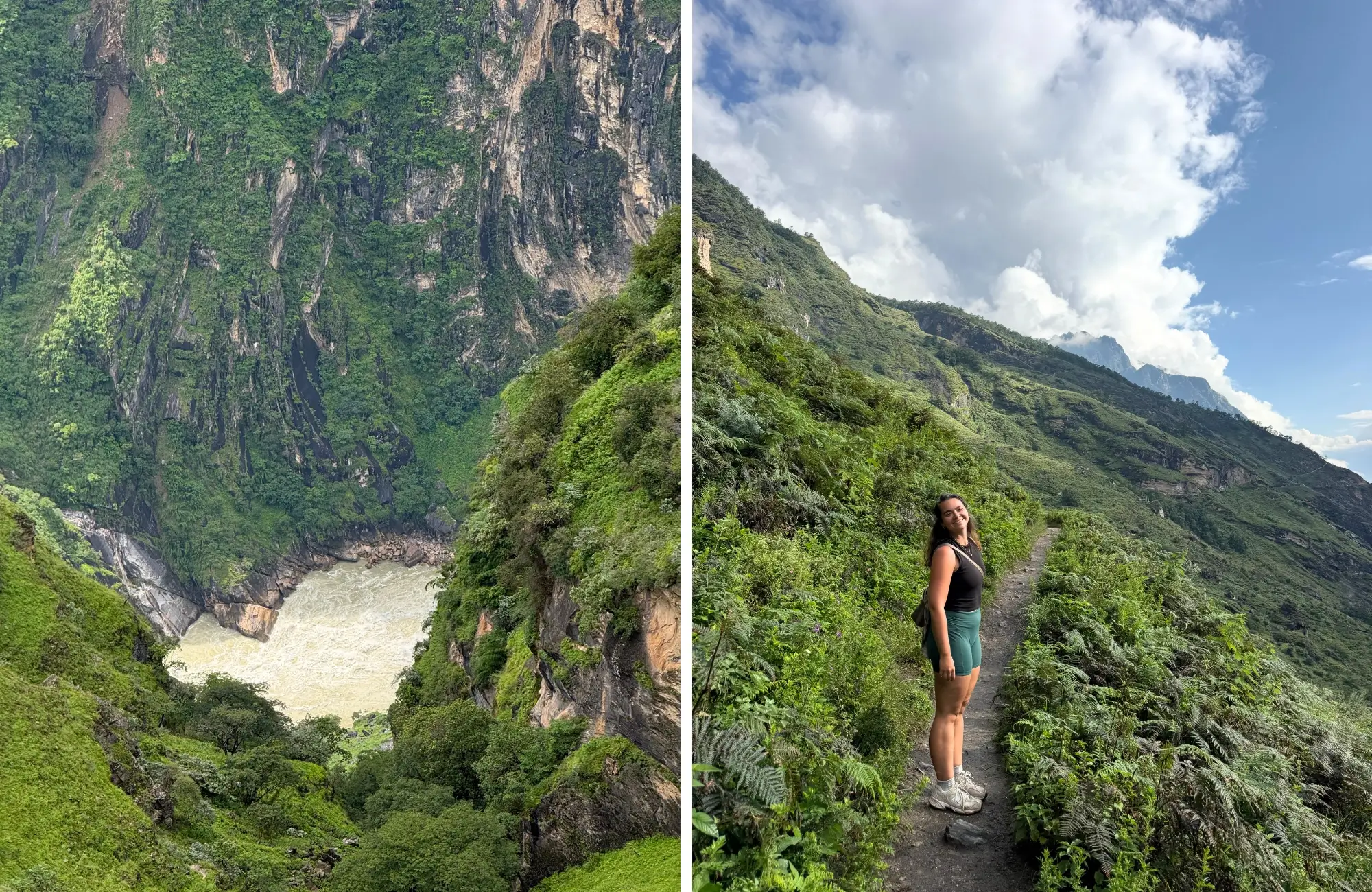 ruta-garganta-salto-del-tigre El río Yangtsé visto desde lo alto de la Garganta del Salto del Tigre y viajera caminando por el sendero entre la vegetación