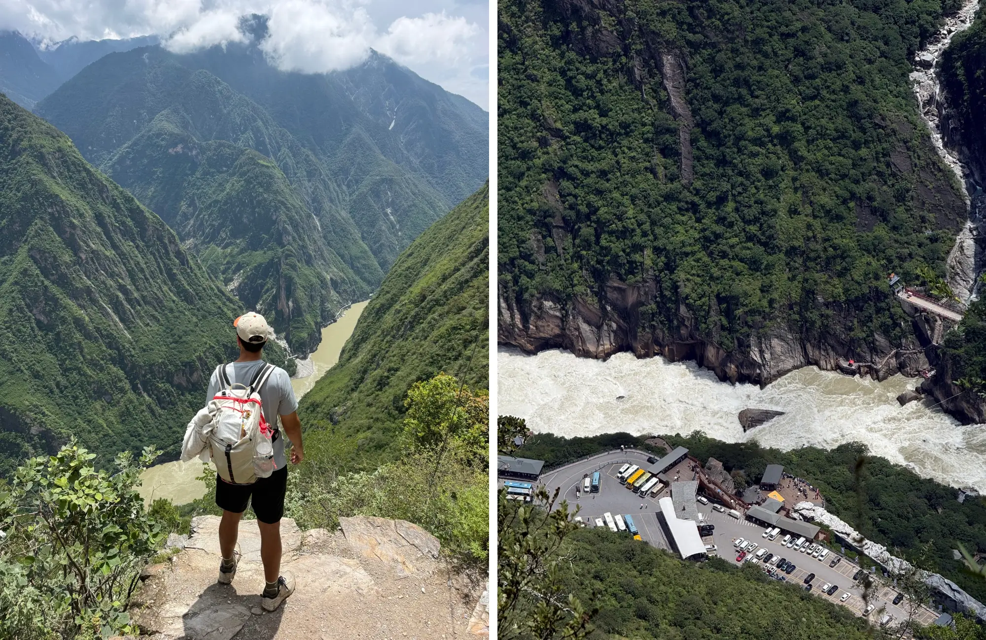 salto-del-tigre-yunnan Viajero de espaldas en un mirador sobre la Garganta del Salto del Tigre y vista aérea del rápido del Salto del Tigre con el aparcamiento