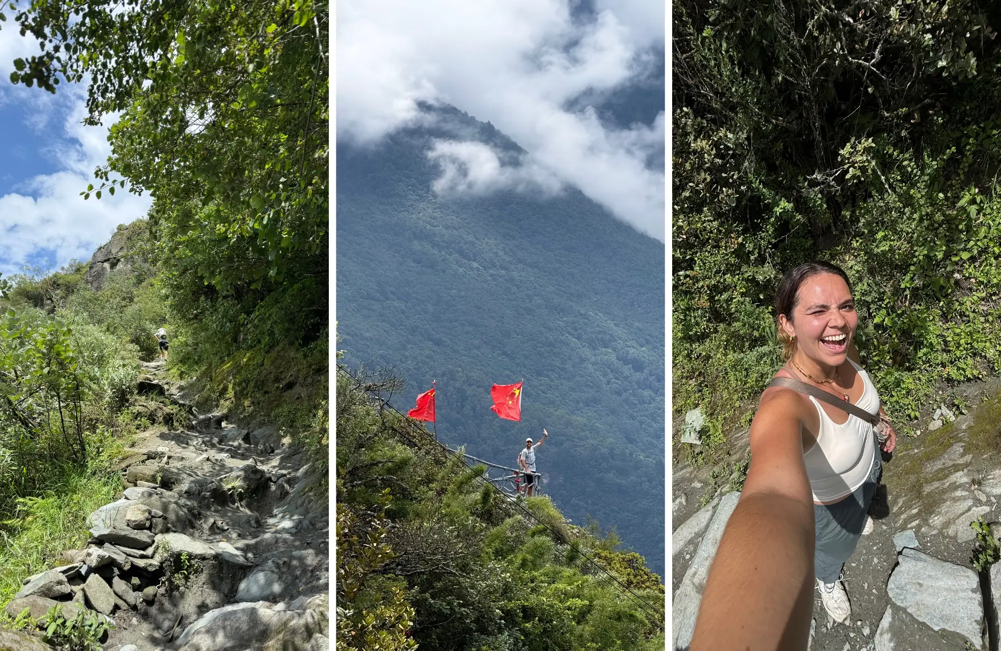 subida-trekking-garganta-salto-del-tigre Collage del trekking de la Garganta del Salto del Tigre: escalones de piedra del sendero, banderas rojas de oración sobre el valle y viajera sonriendo en la subida